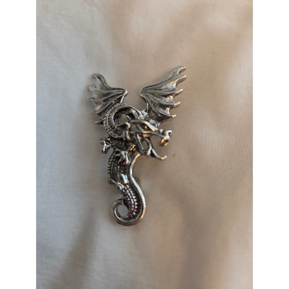 Vintage Silver Dragon Brooch Pin Mythical Gothic Fantasy Jewelry Antique Finish